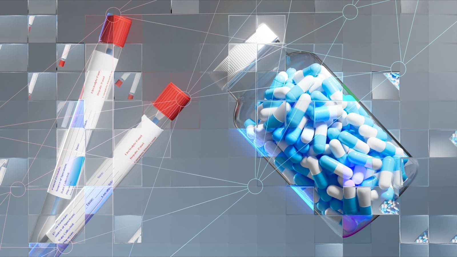 Swab tubes and a jar of blue and white pills seen through a fragmented glass grid, overlaid with a neural network diagram.